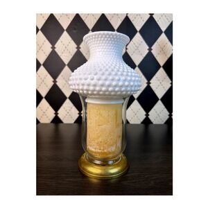 Vintage Milk Glass Hobnail Hurricane Candle Holder Brass Base 10.5 Inch